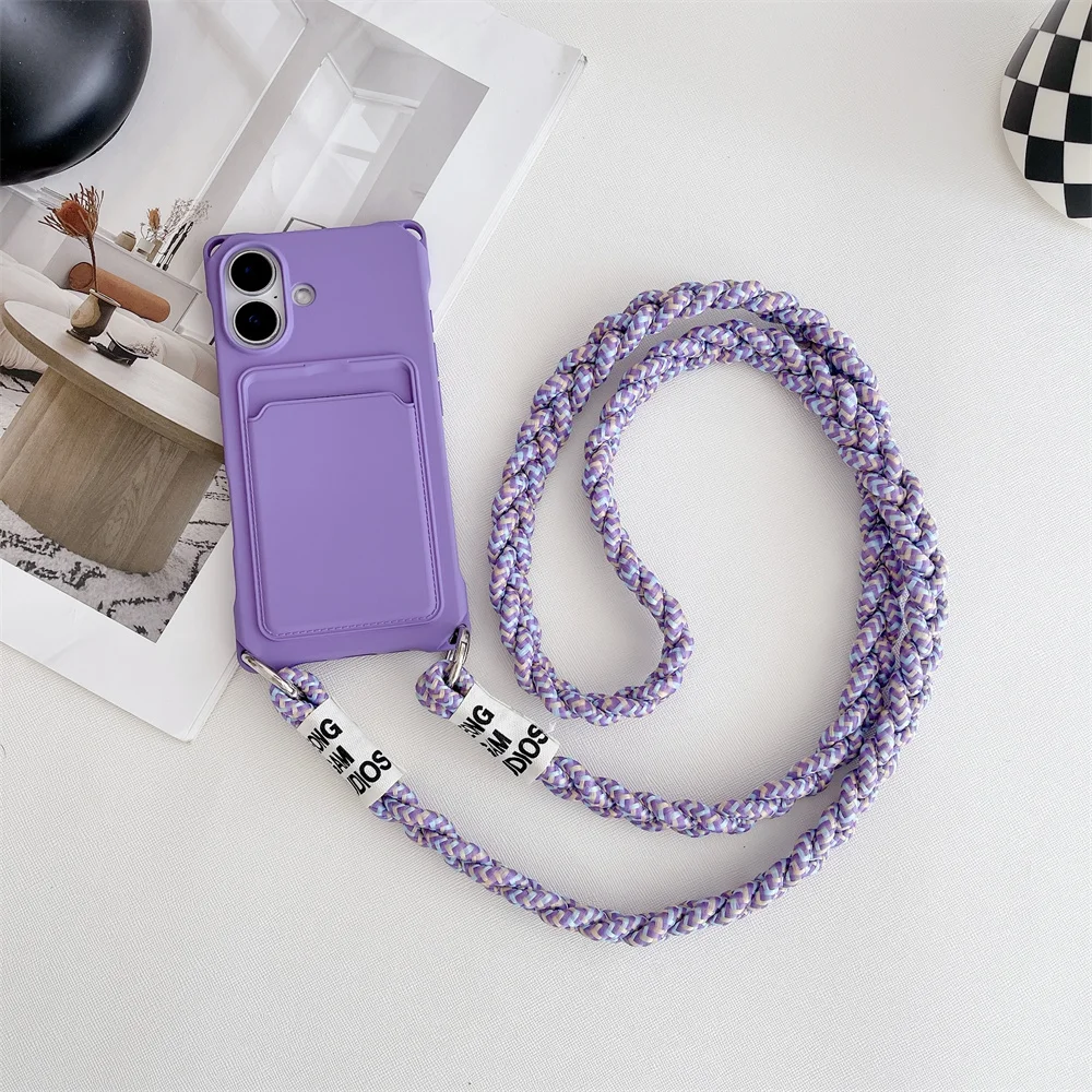 Braided Crossbody Strap Lanyard Phone Case with Wallet Card Holder and Silicone Cover