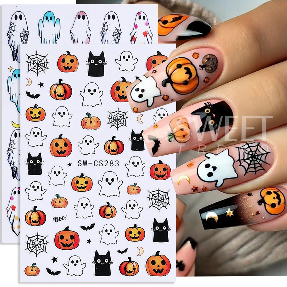 5pcs Halloween Nail Stickers Cartoon Cute Ghost Spider Web Cat Pumpkin Skull Nail Decals DIY Charms Sliders Manicure Decoration