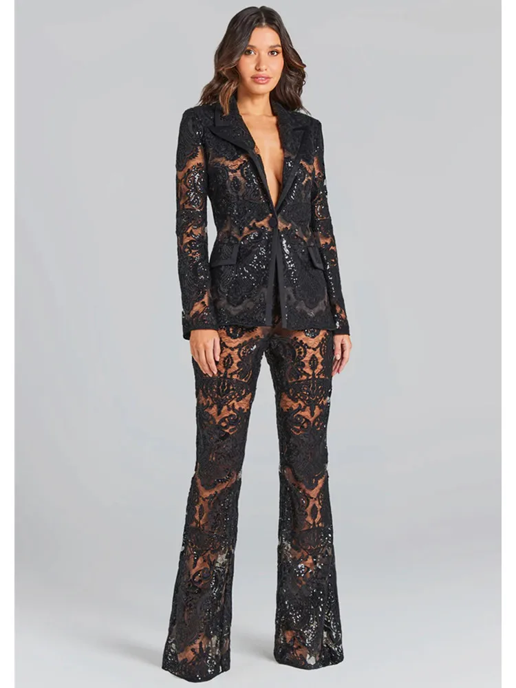 

2023 Celebrity Women Summer Luxury Sexy Long Sleeve V Neck Sequins Black White Pants Set Designer Fashion Women's Set