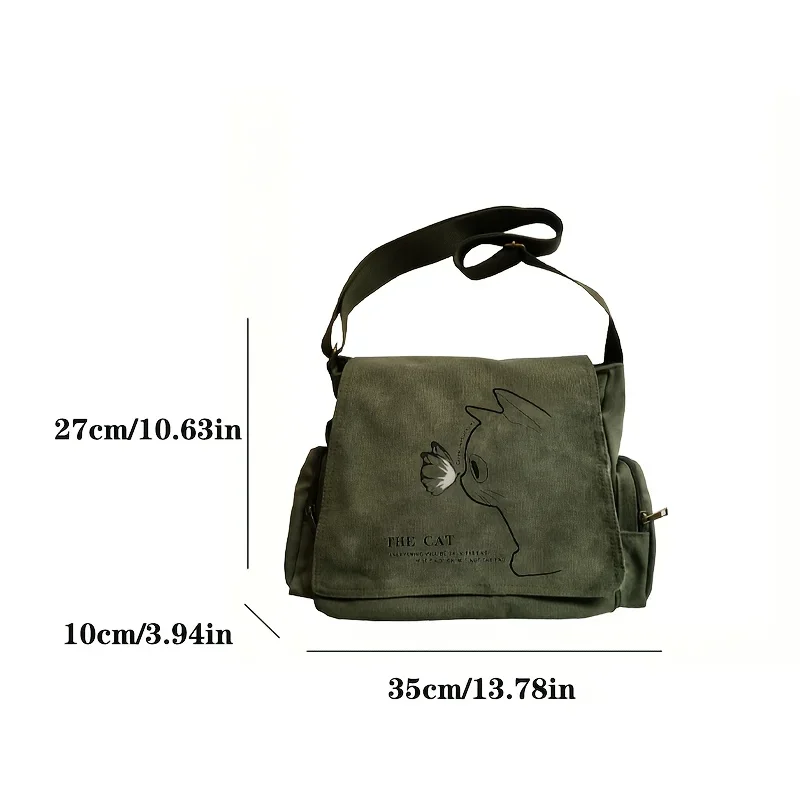 Multi-functional Women's Bag Vintage Army Green Canvas Shoulder Bag Lovely Cat Pattern Crossbody Messenger Bag