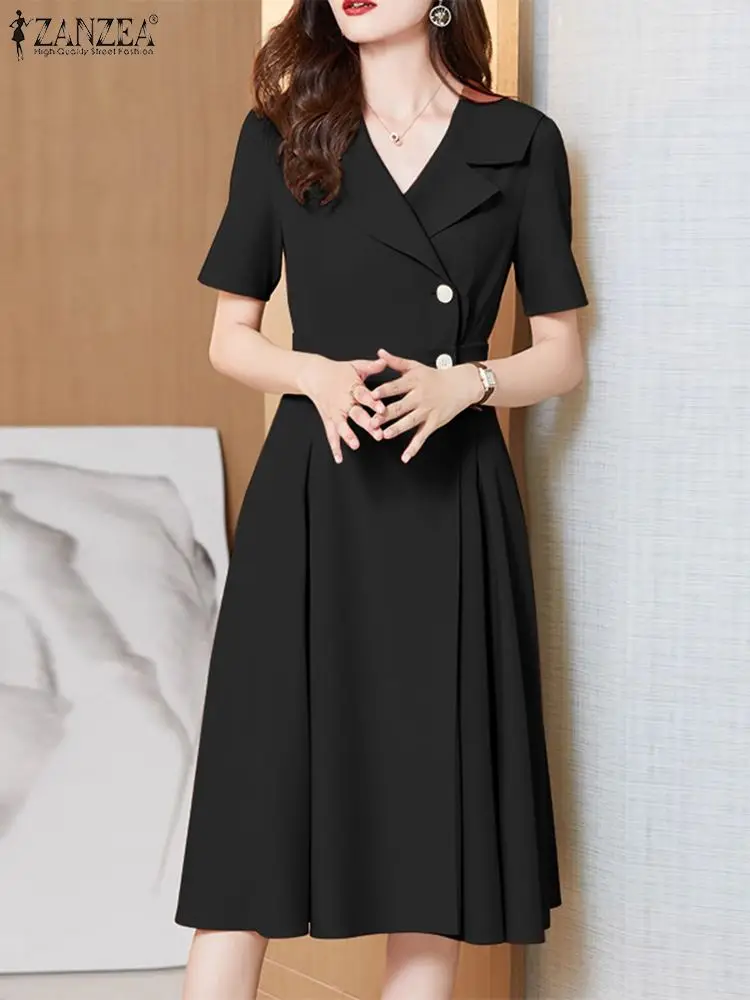 

2023 ZANZEA Women Fashion OL Work Midi Sundress Solid Party Vestido Elegant Summer Lapel Neck Short Sleeve Office Lady Dress
