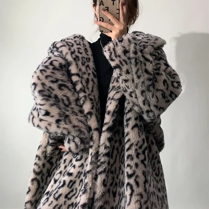 

Women Coat Real Winter Fur 2023 New Korean casual silhouette Leopard Print Long Section Sheep Shearing Jackets шуба женская