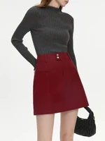 FSLE Women Winter Mini Skirts High Waist Two Button Design Female Twill Retro Denim Red Short Skirt 100% Cotton Skirt 24FS14564 - Image 3