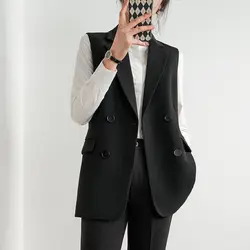 Women's Spring Autumn New Fashion Solid Color Suit Collar Button Pocket Casual Versatile Sleeveless Loose Mid Length Tank Top