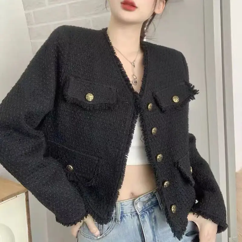 HOUZHOU Black Cropped Tweed Jacket Women Oversize Elegant and Chic Korean Style Short Jackets Female Vintage Fashion Aesthetic women solid colors khaki black mid length chic blazers single button oversize suits 2023 spring autumn new work casual blazer