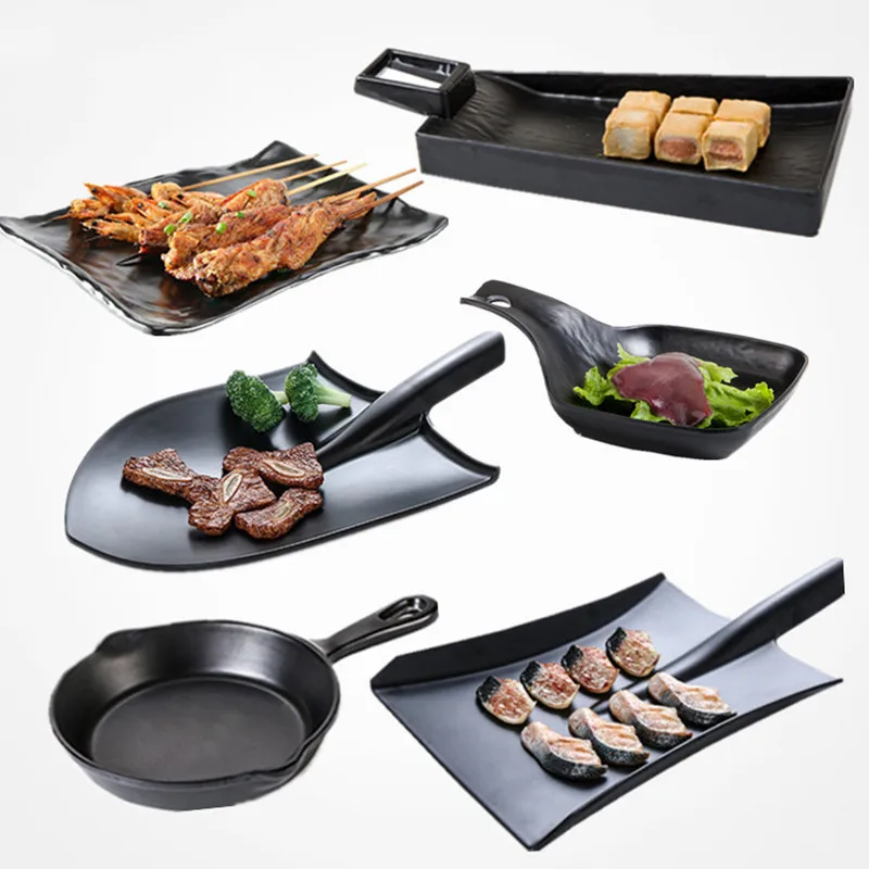 Black Frosted Plate Food Grade Plastic Tableware Sushi Plate Dish Shovel Picnic Barbecue Melamine Plastic Tableware Irregular