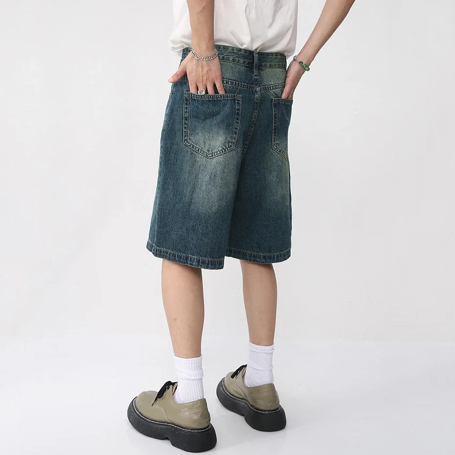 Men Vintage Blue Denim Shorts Summer Casual Loose Jeans Shorts Retro Harajuku Streetwear Hip Hop Y2K Shorts Man