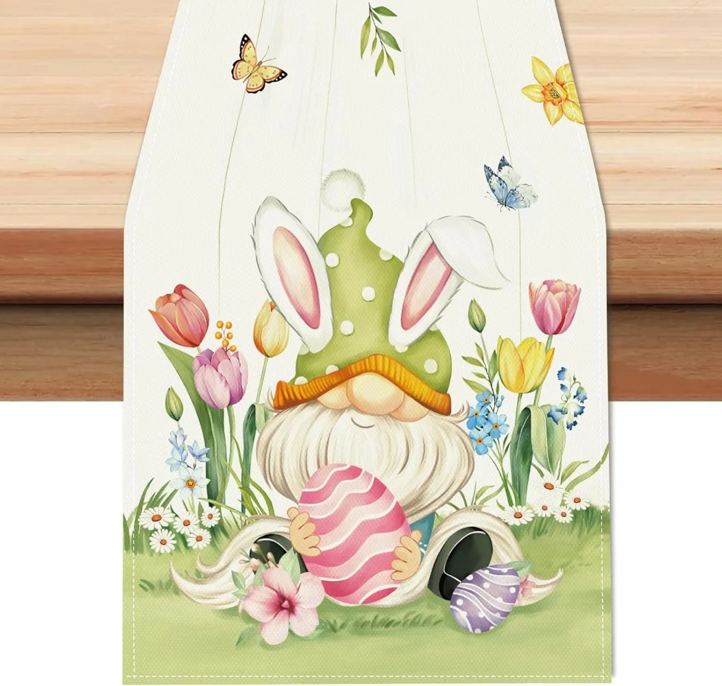 Easter Bunny Gnome Table Runner 13x72 Inch Eggs Rabbit Ears Floral Spring Seasonal Holiday Kitchen Dining Table Decoration 3