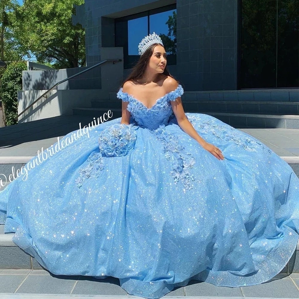 ANGELSBRIDEP Sky Blue Quinceanera Dresses Ball Gown Beaded 3D Flowers Vestidos 15th Birthday Party Princess Sweet 16 Dress