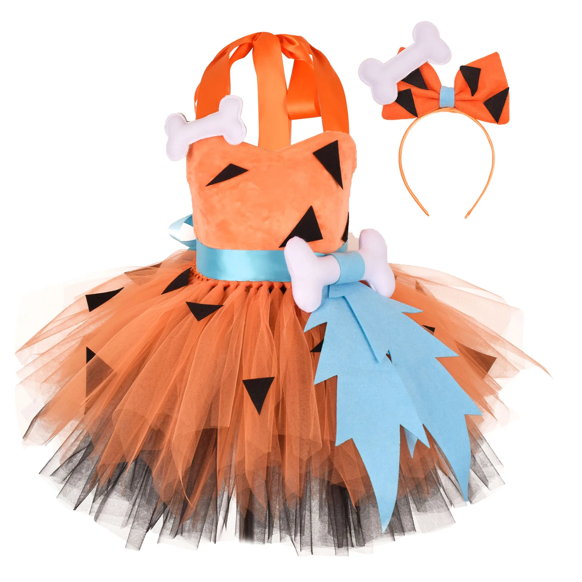 Cosplay Costume Kids Girls Dress Halloween Dress Outfit Baby Halloween Flinstones Pebbles With Hairpin Stage Performance 12Y