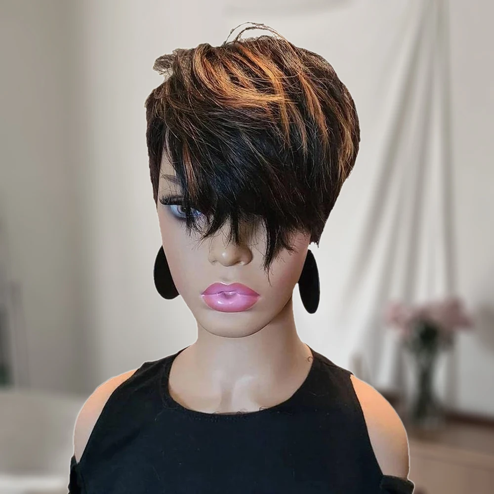 Short Pixie Cut Wig Human Hair with Bangs for Black Women 150% Density Brazilian Remy Hair Easy to Wear Short Machine Made Wig human hair wigs