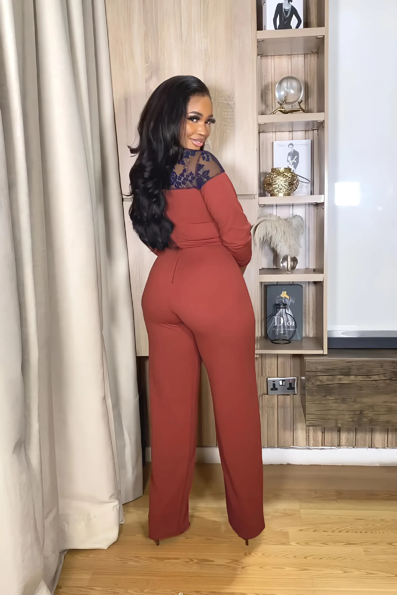 .Spring And Summer Fashion Jumpsuit Women Sexy Mesh Stitching Long Sleeve Belt Wide Leg Pants Elegant Temperament Jumpsuit Women