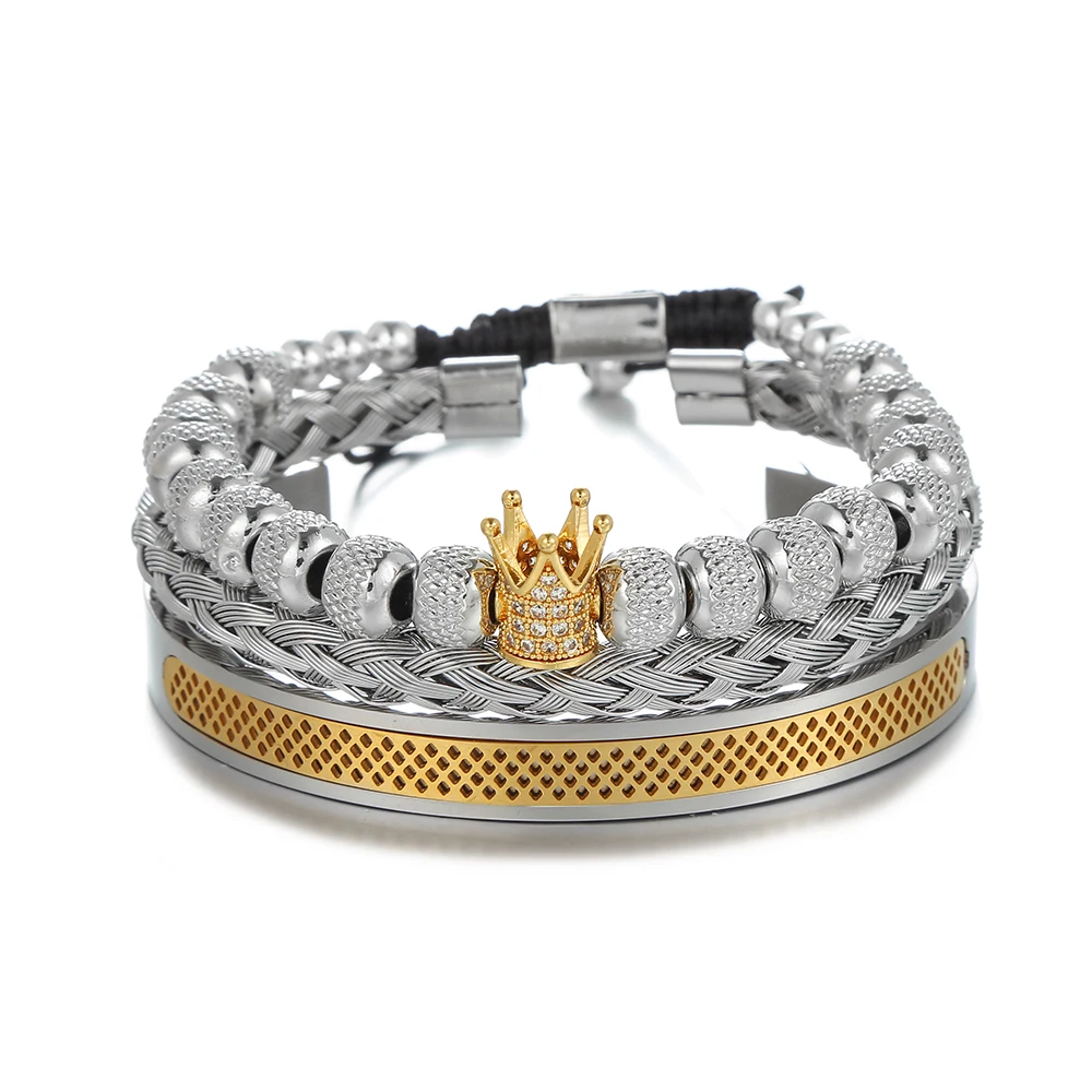 High Quality Stainless Steel Men'S Bracelet Sets Luxury Brand Male CZ Gold Color King Crown Beaded Bracelet Homme Men Jewelry