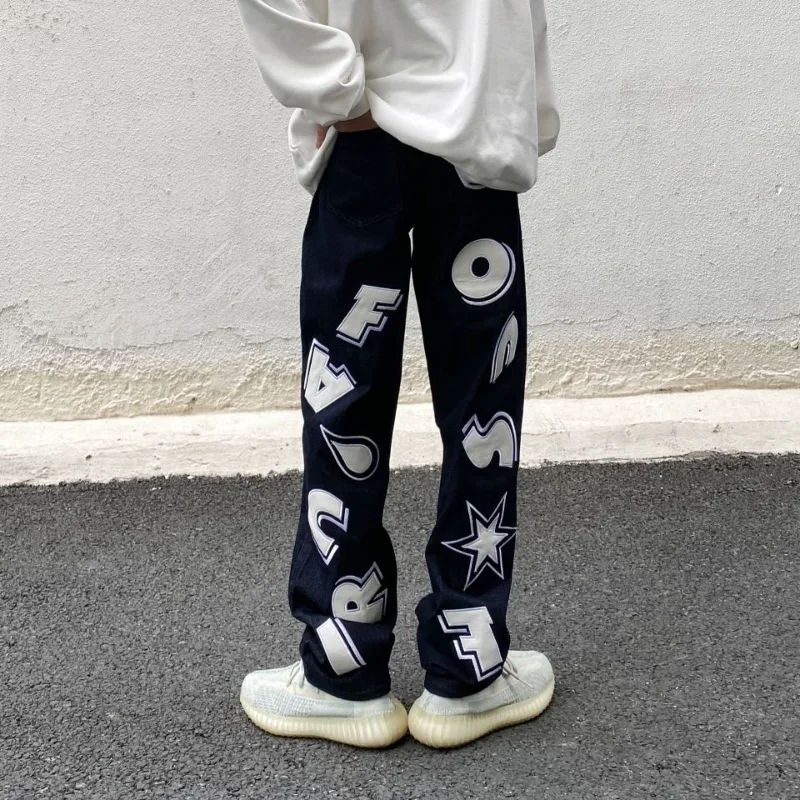 Letter Printed Jeans Men's Fashion Loose Straight High Street Denim Pants