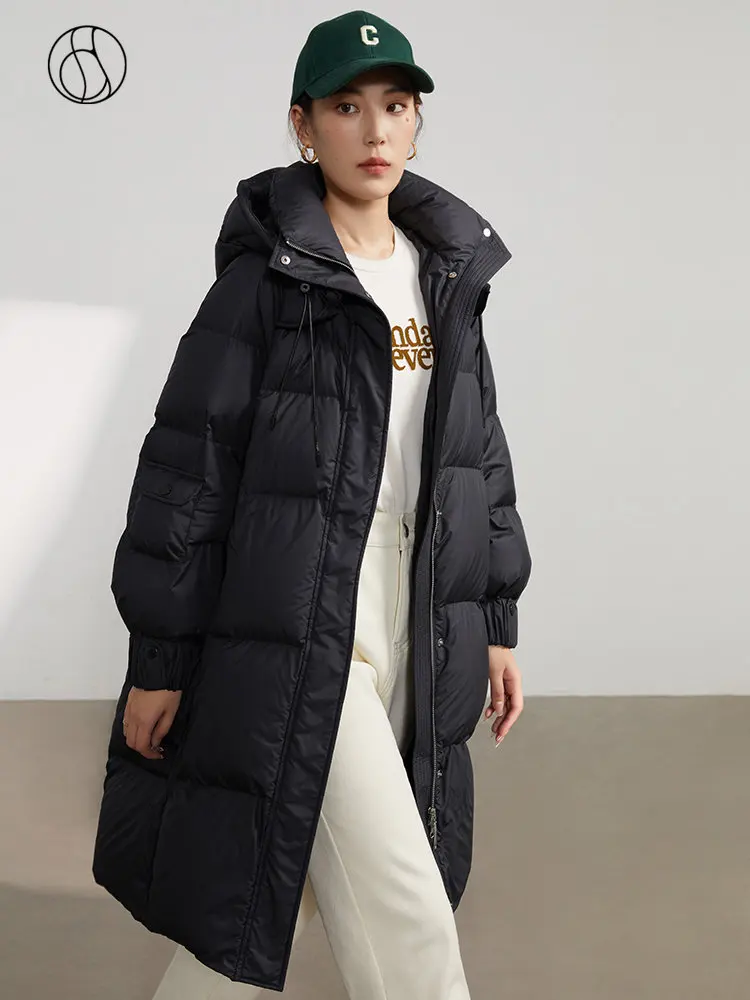 

DUSHU 234G Filling Capacity Black Hooded Women Mid-Length Warm Down Jackets Korea Style White Duck Down Straight Down Coats