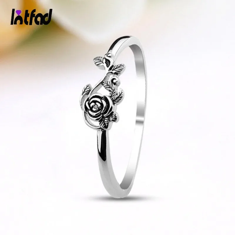 925 Sterling Silver Unique Black Rose Ring for Women Fine Jewelry Finger Adjustable Open Vintage Ring for Party Birthday Gift