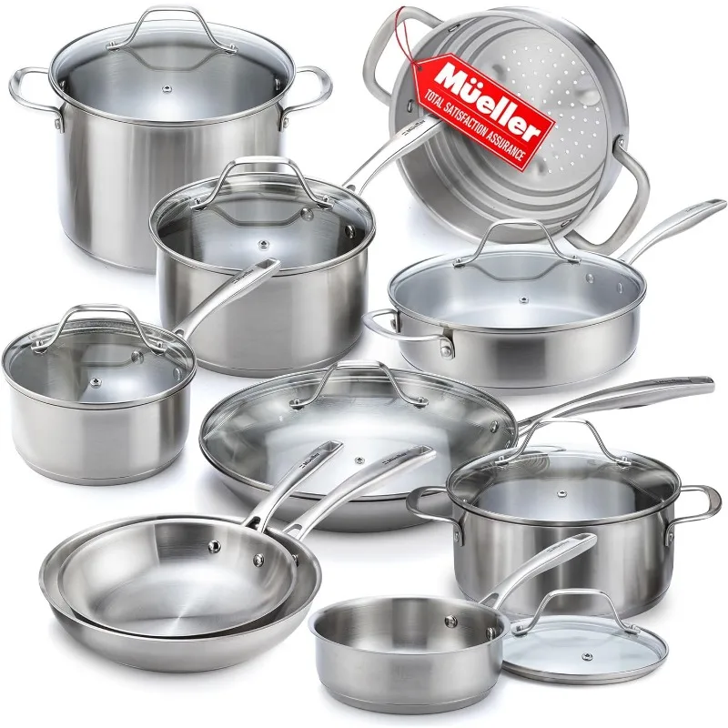 

Mueller Pots and Pans Set 17-Piece Ultra-Clad Pro Stainless Steel Cookware Set Ergonomic EverCool Handle Includes Saucepans