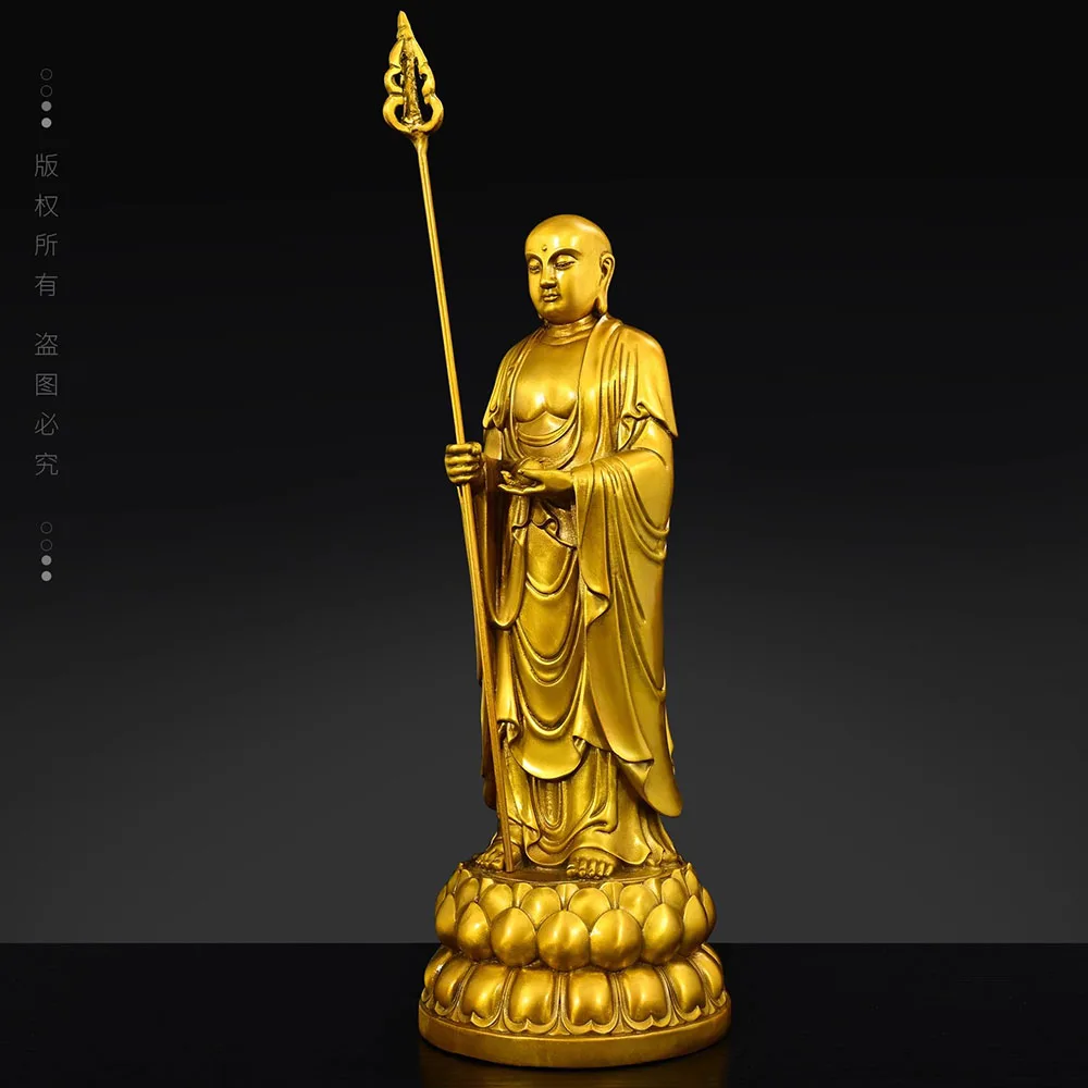 Solid Brass Ksitigarbha Bodhisattva Statue (Dizang Wang) - Handmade Buddhist Altar Figurine for Home Shrine Worship, Meditation