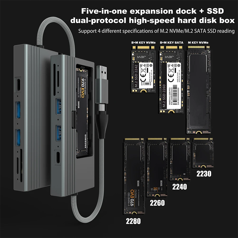 ƮϿ M.2 NVMe/SATA ϵ ̺ ̽, USB C Ÿ , 10Gbps ָ Ʈ ̺, 2 USB 2.0 Ʈ, SD/TF ī , 5 in 1