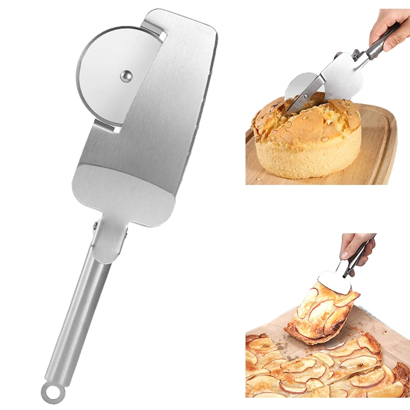 Stainless Steel Wheel Pizza Cutting Knife Multifunctional Pizza Dough Cutter with Shovel Clamp Pastry Wheel Knife Kitchen Gadget
