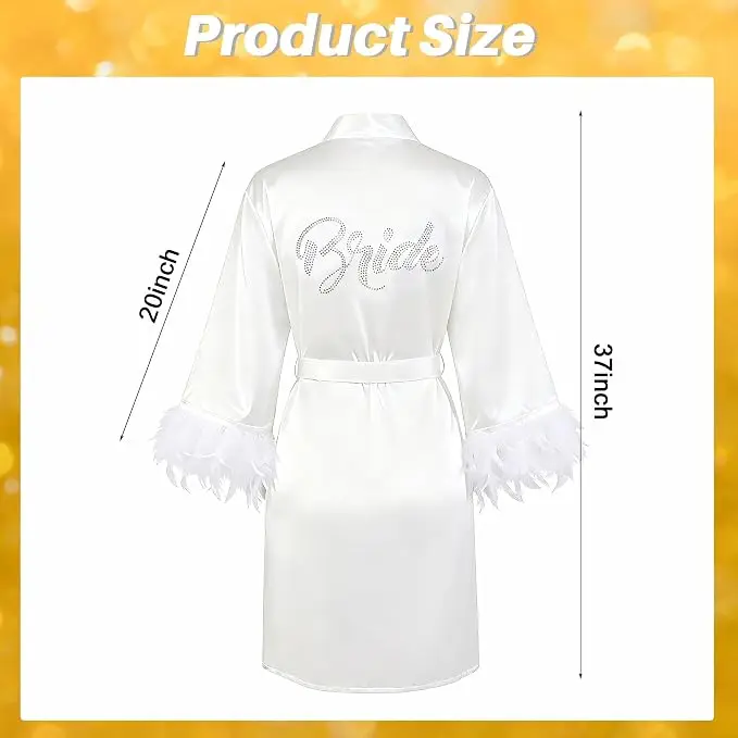 Vestaglia da Sposa con Piume per il Giorno del Matrimonio, Vestaglia in Raso Sexy in Seta, Accappatoio da Sposa, Outfit per la Preparazione della Festa Nuziale - immagine 3
