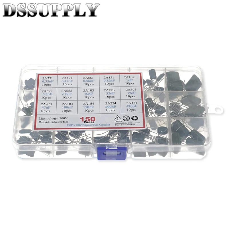 

150PCS/Set With Box Polyester Film Capacitor Assortment 15Values 0.33NF 2A331J 470NF 2A474J 2A821J 2A102J 2A393J 2A474J