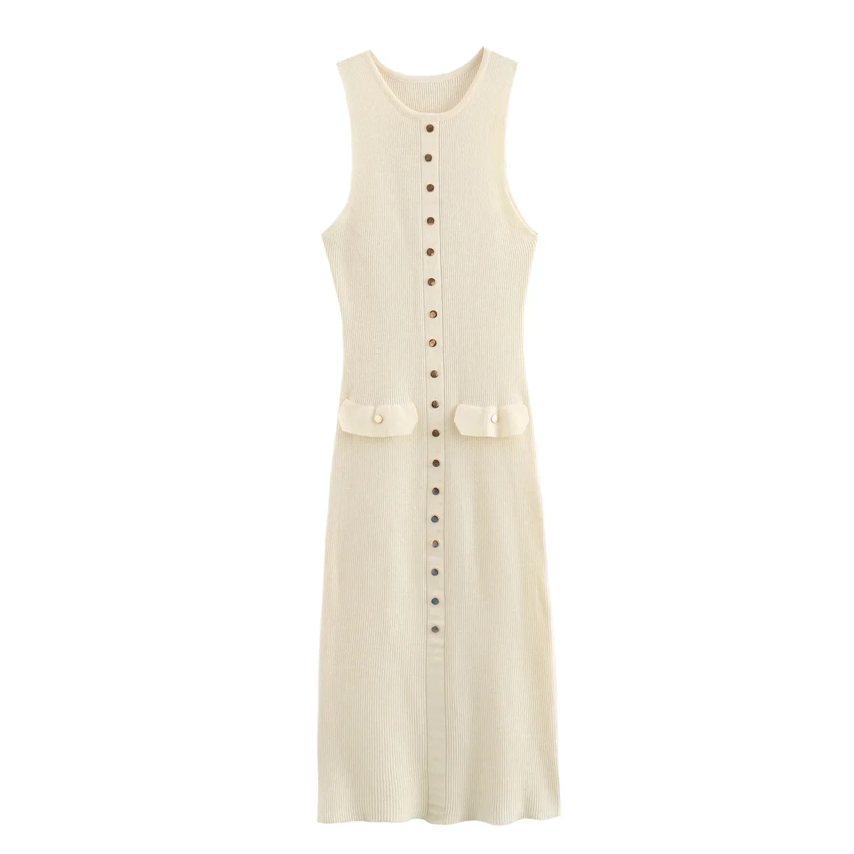 

Women's 2024 New Fashion Flip Decoration Elastic Slim O Neck Knitted Midi Dress Retro Sleeveless Button up Women's Dress Mujer
