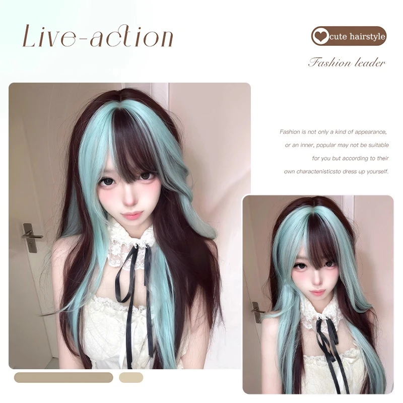 Synthetic Women Wigs 26inches Long Straight Hair Wig Mint Green Highlighted Wig with Hair Bangs for Women Daily or Cosplay Use