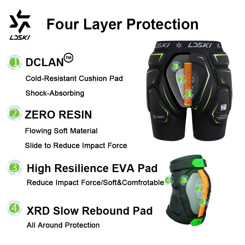 LDSKI New Ski Protectors Impact Shorts Knee Pads Four Layers Protection Thickened Tailbone Guard Breathable Snowboarding Men