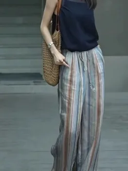Casual Fashion Rainbow Color Block Cotton Linen Wide Leg Pants Loose Fit Versatile High Waist Long Trousers for plus Size Women