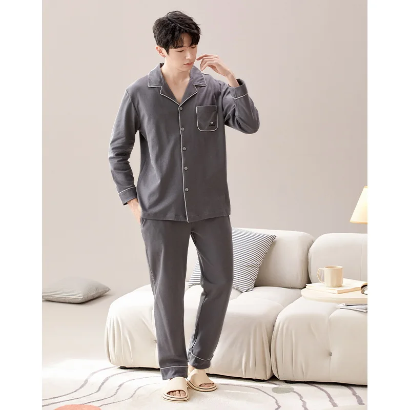 

Korean Cotton Mens Sleepwear 2 Pieces Set Long Sleeves Sleeping Top & Trouser Nightwear Male Home Clothes Hombre Pijama Dropship