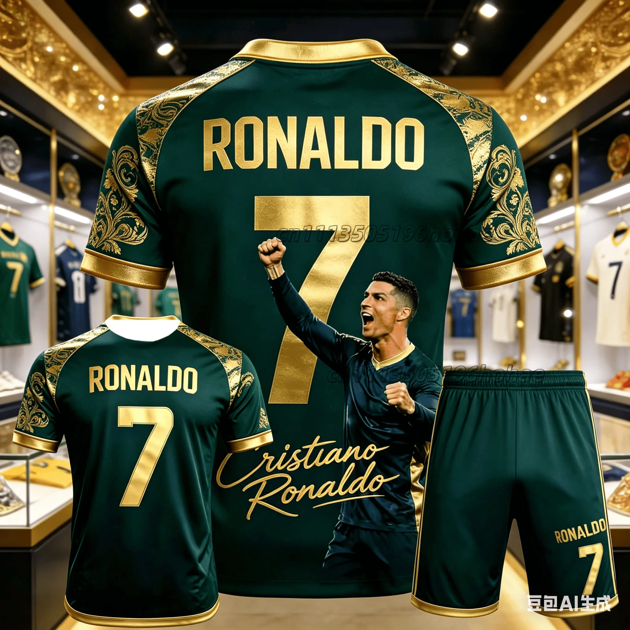Sommer Ronaldo Nr. 7 Fußball-Superstar Muster Bedrucktes Schnelltrocknendes Fußball-Trainings-T-Shirt und Shorts Set für Männer und Frauen