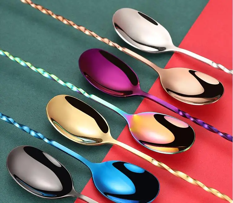 60pcs Stainless Steel Threaded Long Handle Vertical Bar Spoon Dessert Coffee Spoon Creative Bar Cocktail Mixing Ice ni361
