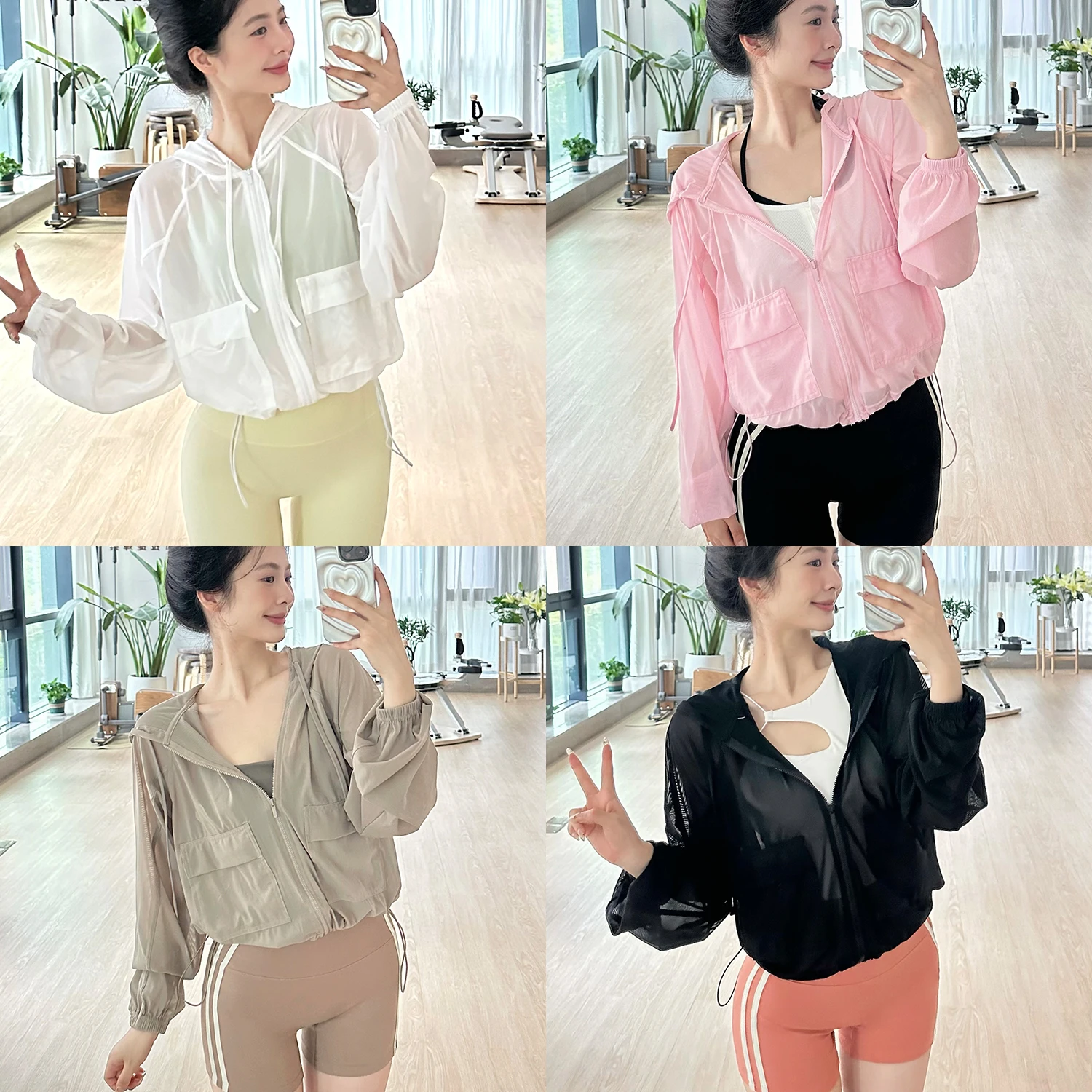 Gogoyoga Drawstring 후드 피트니스 의류 자른 메쉬 커버 요가 통기성 루즈 피트 슬리밍 스포츠 자켓