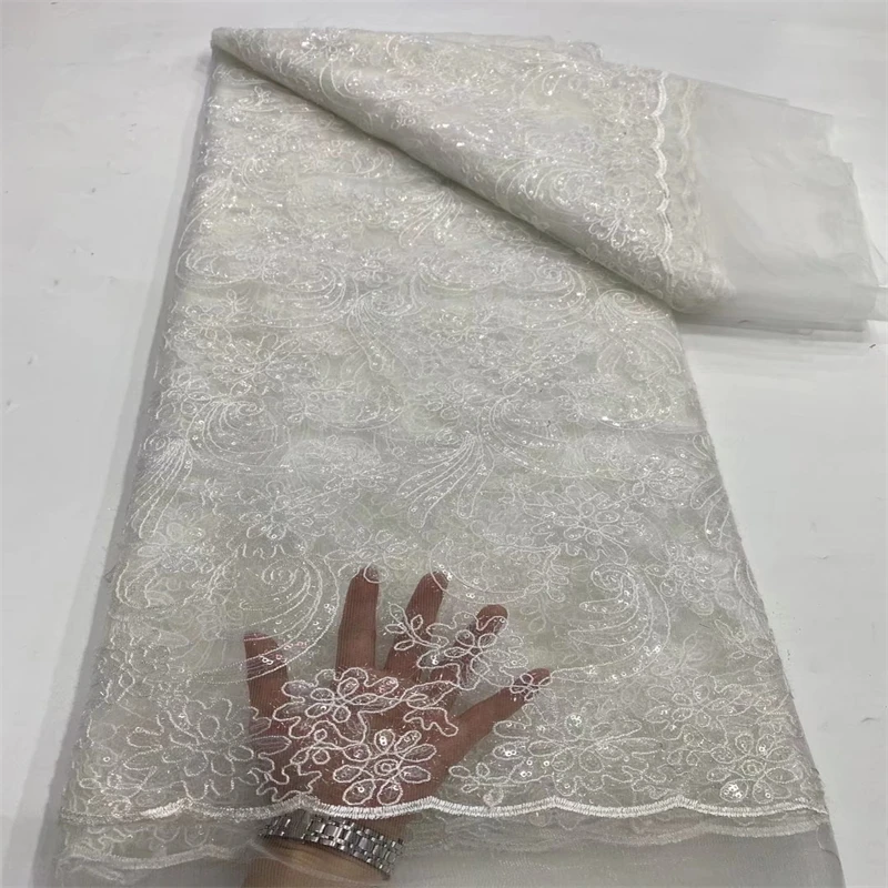 

SJ Lace Sequence African Lace Fabric 5 Yards 2022 High Quality Nigerian Wedding Groom Embroidery French Tulle Lace Fabric d12-20