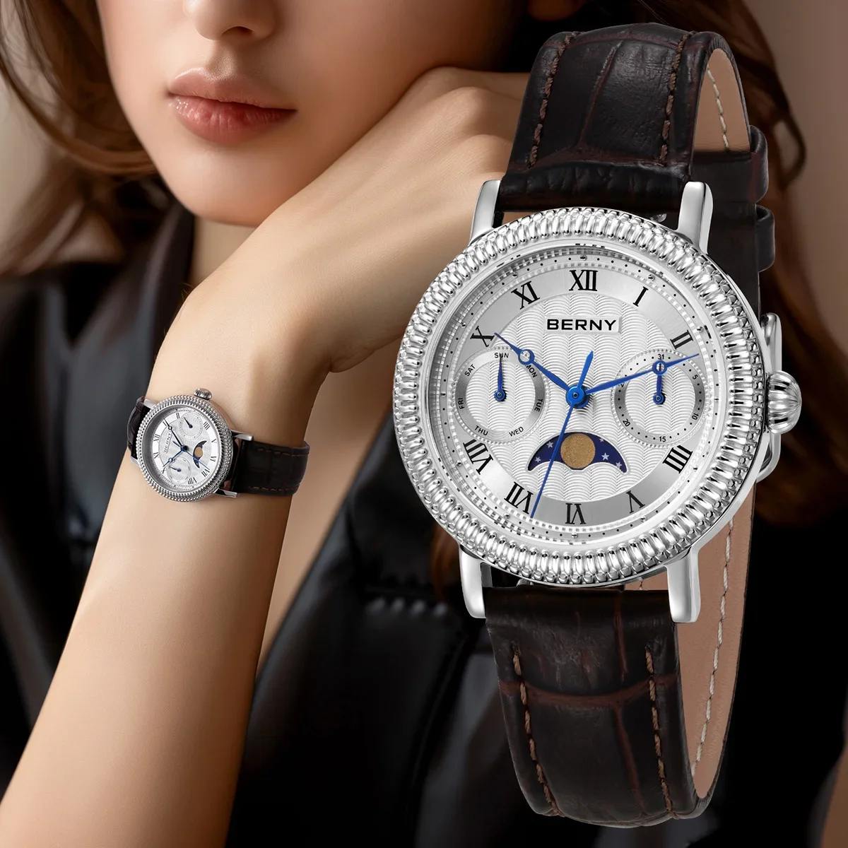 BERNY Women's Watches Luxury Business Dress Watch Moon Phase Elegant Quartz Ladies Wrist Watches Leather Band Stainless Steel