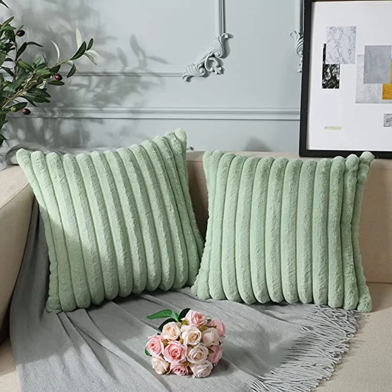 Inyahome Throw Pillow Covers Soft Cozy Pillowcase Faux Rabbit Fur Cushion Cover for Couch Sofa Bed Chair Home Decor Saga Green