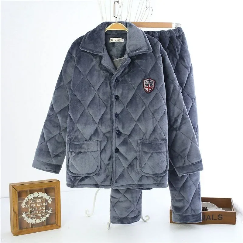 Sleepwear Men Winter Three-layer Cotton Sandwich Thickened Coral Velvet Home Suit Middle-aged Young Large Size Outer Flannel Set