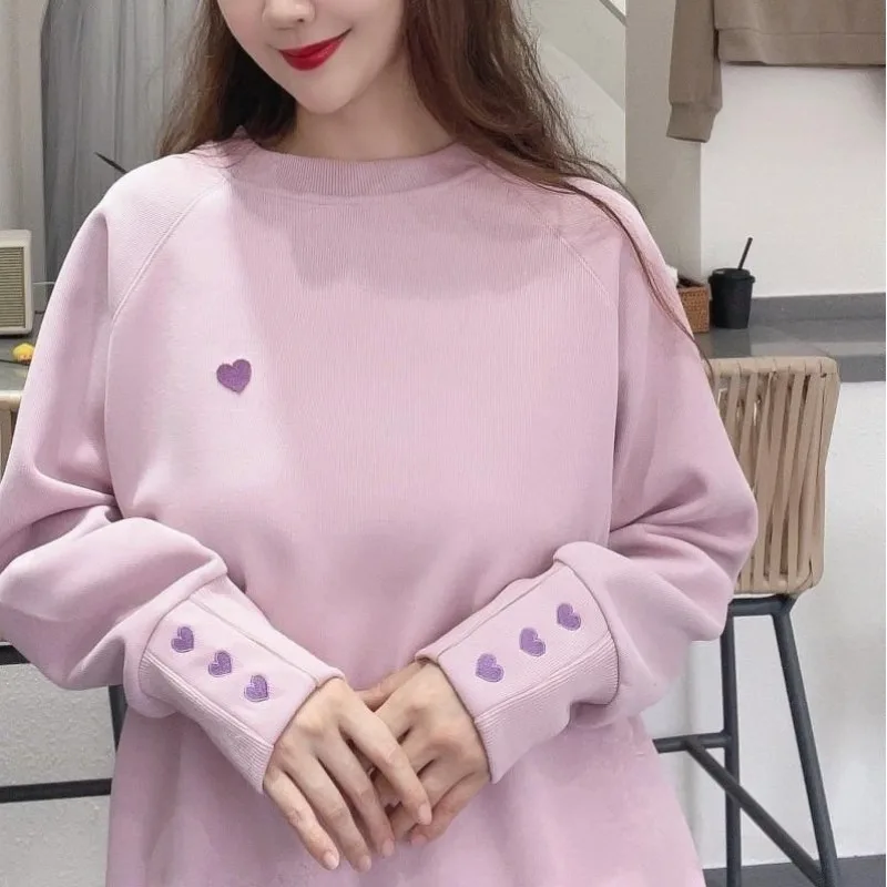 

Women's Autumn and Winter New Fashion Solid Color Pullover Round Neck Embroidery Long Sleeve Casual Loose Sweatshirt Tops