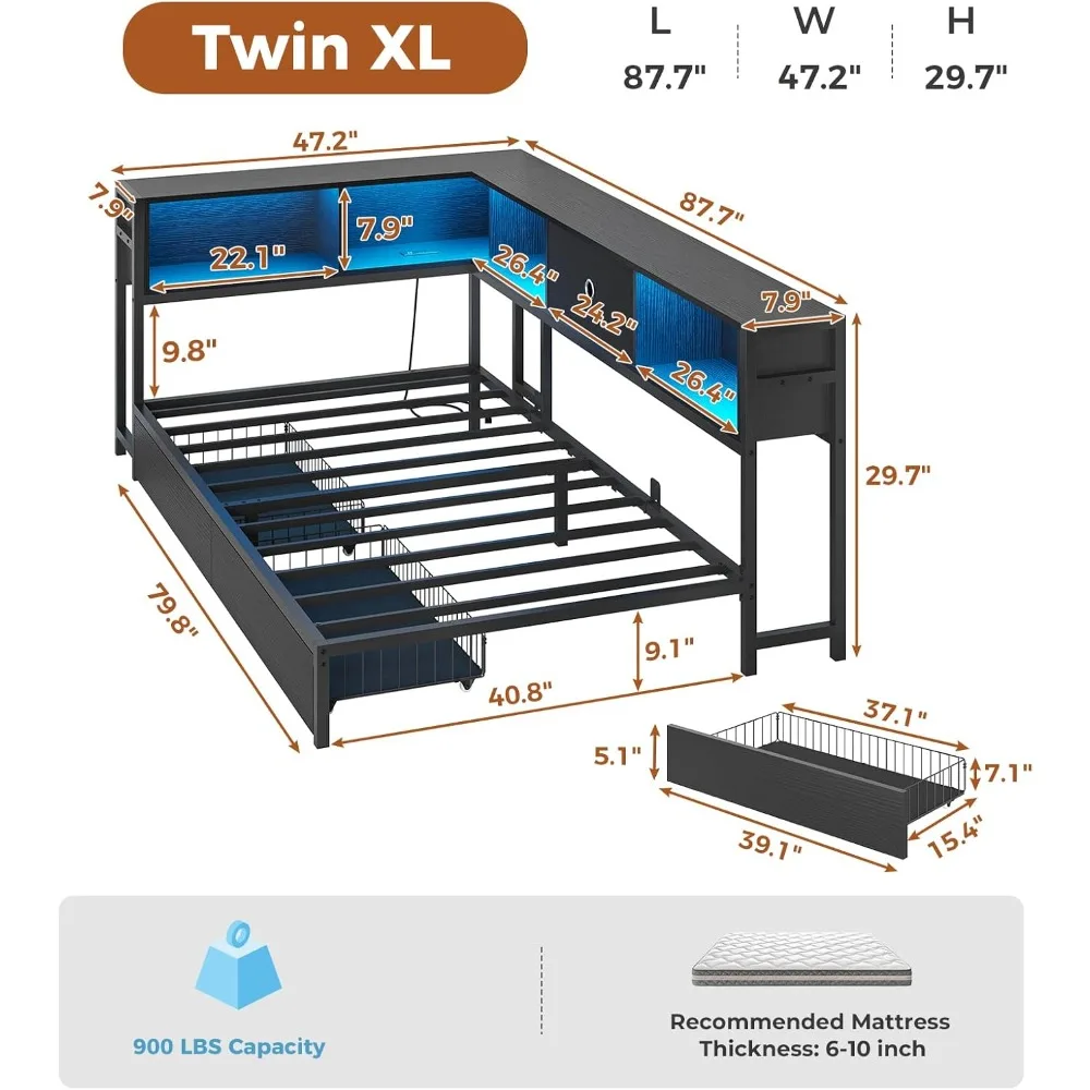 DICTAC Corner Bed Frame with Bookcase Storage and Led Lights Twin XL Metal Platform Bed Frame with Storage Drawers & Charging St