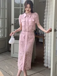High Quality Luxury Runway Small Fragrance Two Piece Set Women Lace Hollow Out Shirt Top + Long Skirt Suits Summer 2 Piece Sets