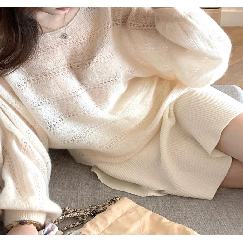 Autumn New Women's Clothing Knitted Hollow Crew Neck Sweater Fashion Thin Lantern Sleeve Office Casual Knitwear Top