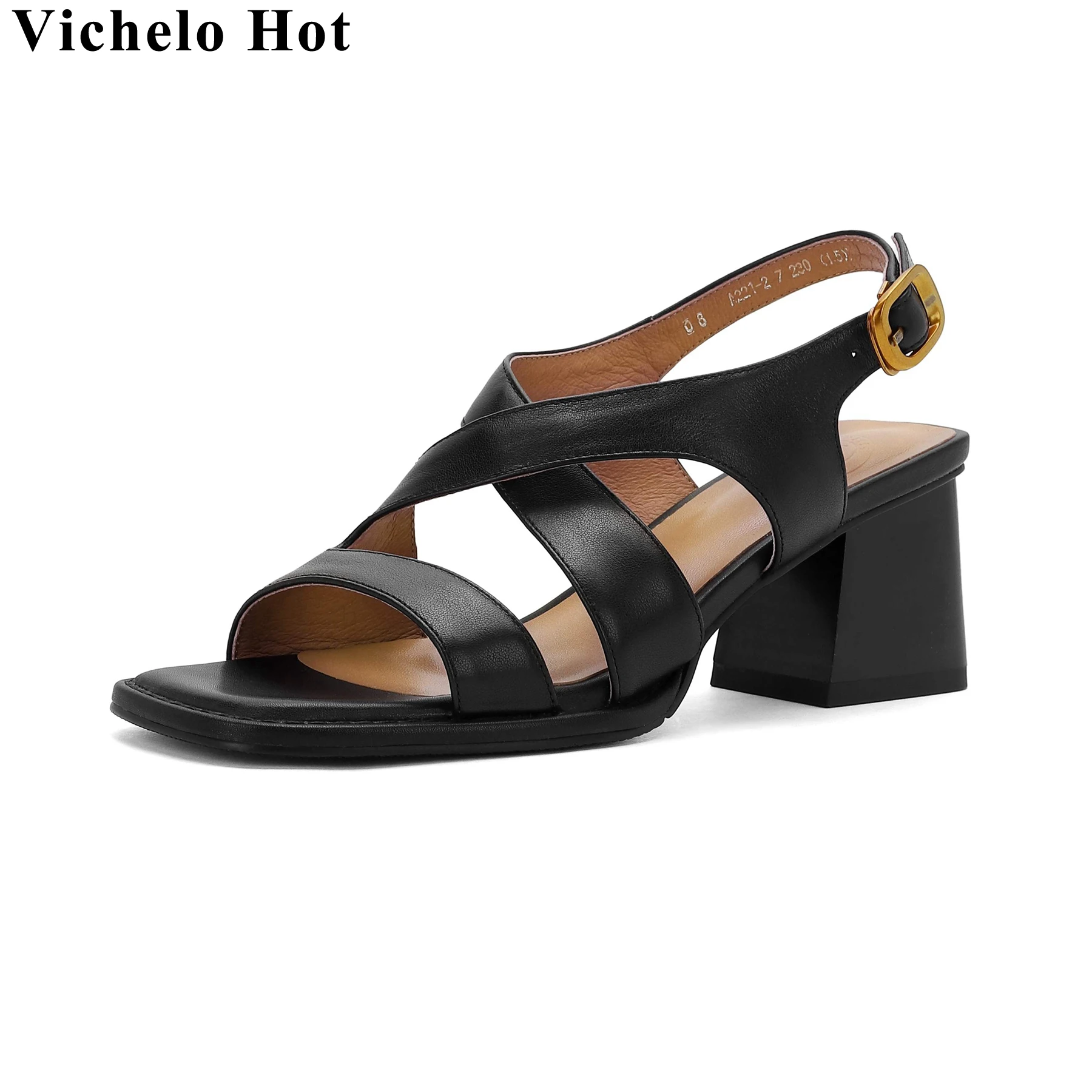 

Vichelo Hot Big Size Cow Leather Peep Toe Chunky High Heel Summer Shoes Buckle Strap Office Lady Vintage Elegant Women Sandals