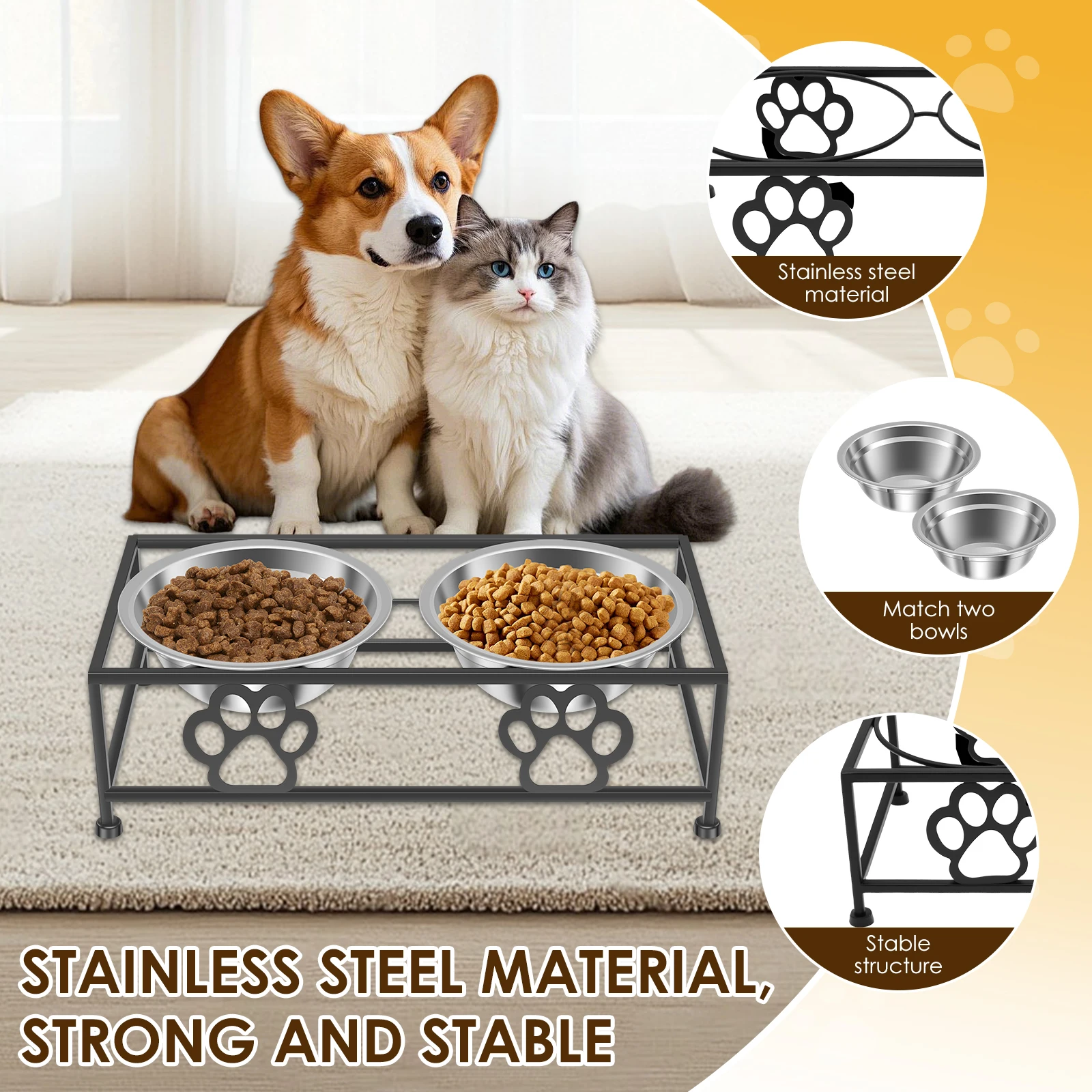 Elevated Pet Feeder Bowl Metal Double Bowl Pet Dish Holder with 2 Stainless Steel Bowl Cat and Dog Water Feeders Pet Supplies