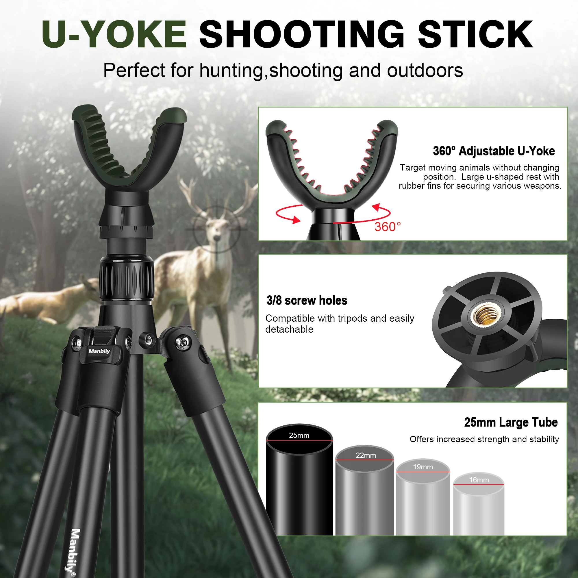 Manbily Hunting Tripod Rest Aluminum for Rifle with V-Yoke Shooting Stick Head Universal Camera Tripod MA-254G