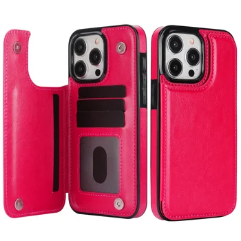 Flip Case PU Leather Wallet With Card Slot - Stand For iPhone 12 - 16 - Pro Max - Rose red