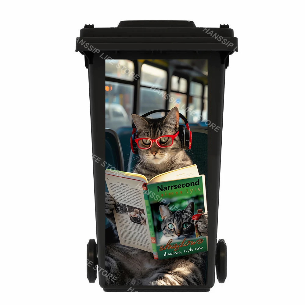 Creative Animal Personality Murals Trash Can Sticker Removable Kitten Surfing Art Decals for Outdoor Wheeled Dustbin Poster