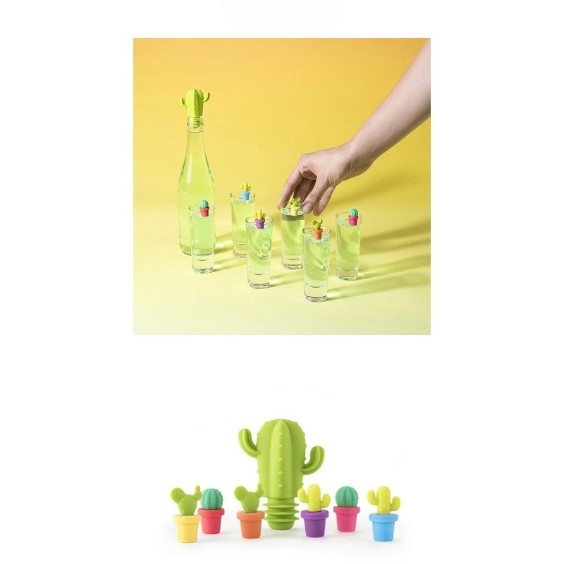 Cactus-Shaped Silicone Wine Stoppers &Glass Markers - 2-in-1 Creative Leak-Proof Set for Party, BPA-Free Freshness Preservation