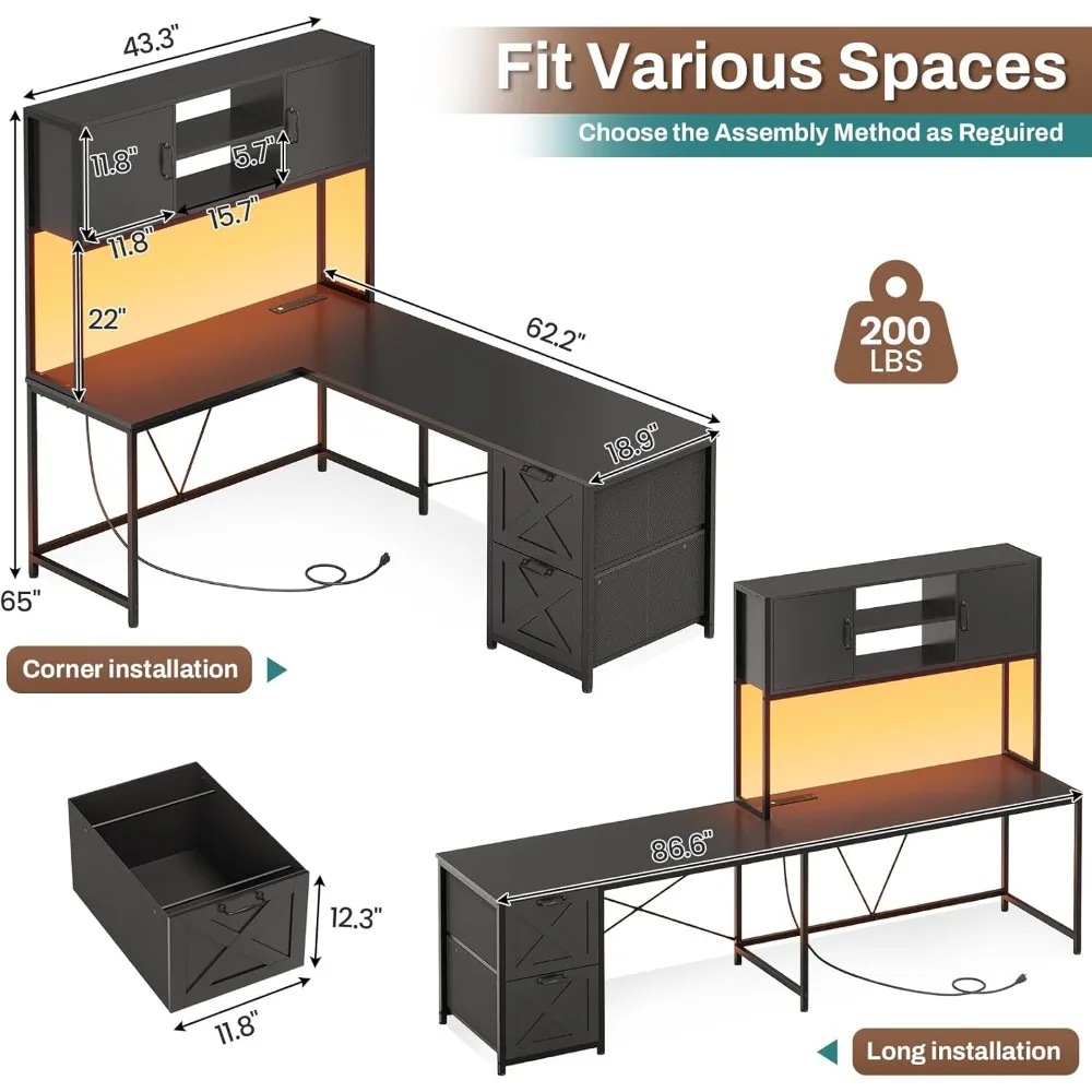 Corner Computer Desk, Reversible L Shaped Computer Desk with Fabric Drawers and Power Outlet, Gaming Desk with Led Lights, Hutc 4