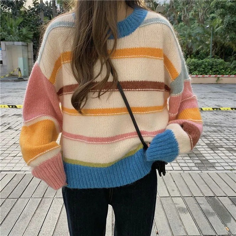 

Colorful Striped Patchwork O-Neck Knit Sweater Casual Loose Simple Pullover Sweater 2023 New Autumn Winter Fashion Women Sweater